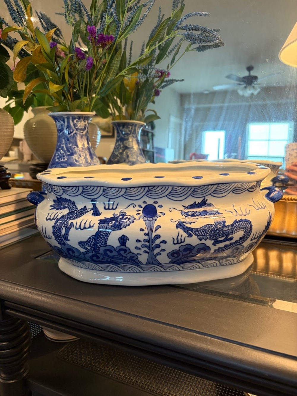 Vintage Chinoiserie Dragon Asian Footbath Planter Pot Jardiniere Cachepot bowl